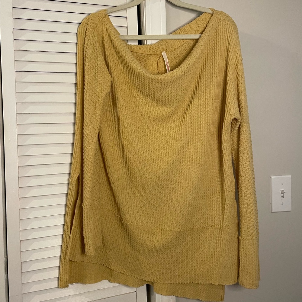 Pale Yellow waffle knit, free people style, long sleeve tunic, LARGE
